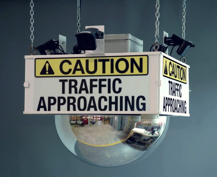 Intersection Caution System – Mirrors reflect oncoming traffic alerting fork lifts and pedestrians.
